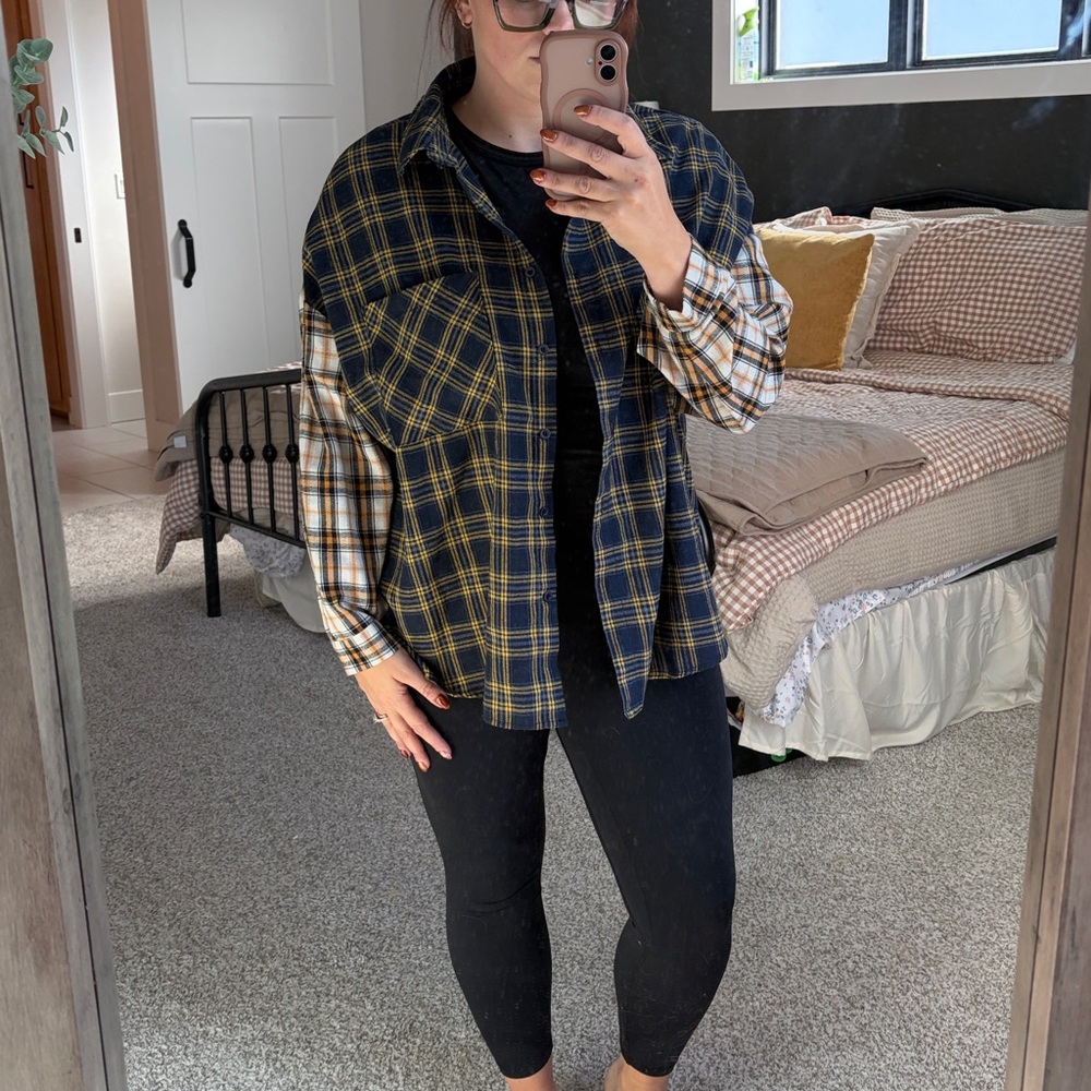 Boohoo Plaid Button Down Shirt - Navy and Yellow